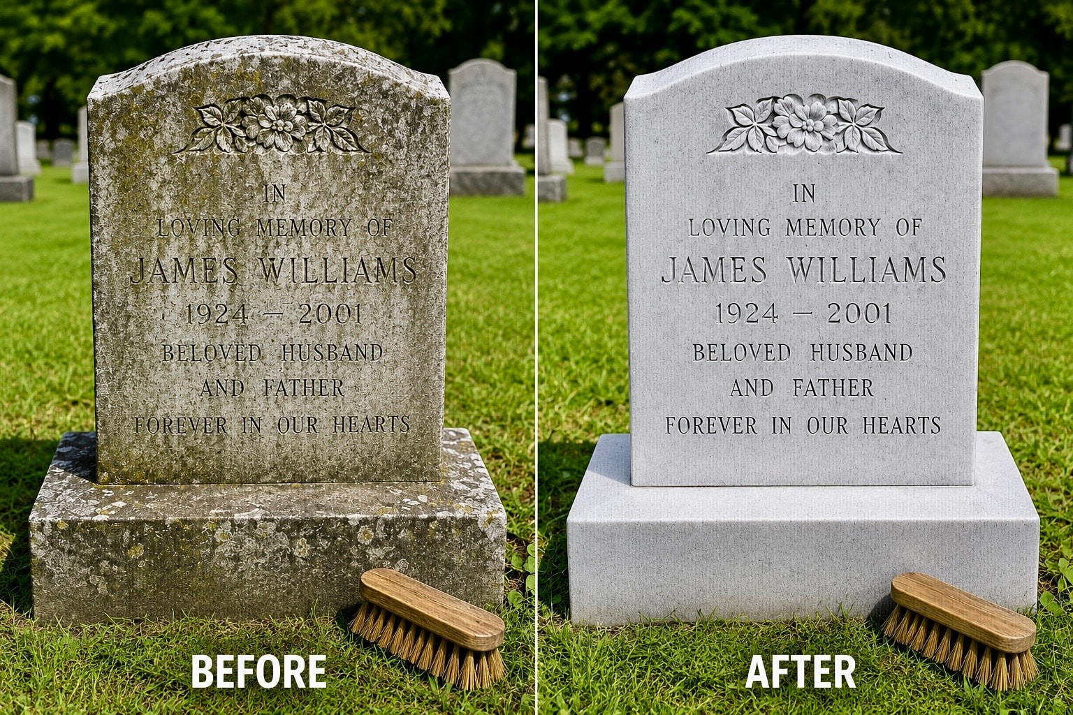 Headstone being carefully cleaned by hand with a soapy brush